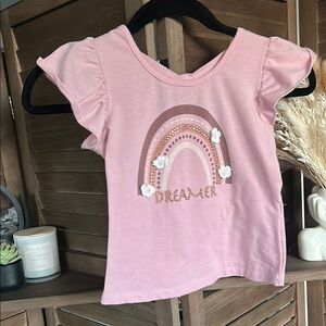 Pink Ruffle Sleeve Tee with Rainbow Design